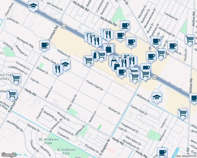 map of restaurants, bars, coffee shops, grocery stores, and more near 5226 Curtis Clark Drive in Corpus Christi