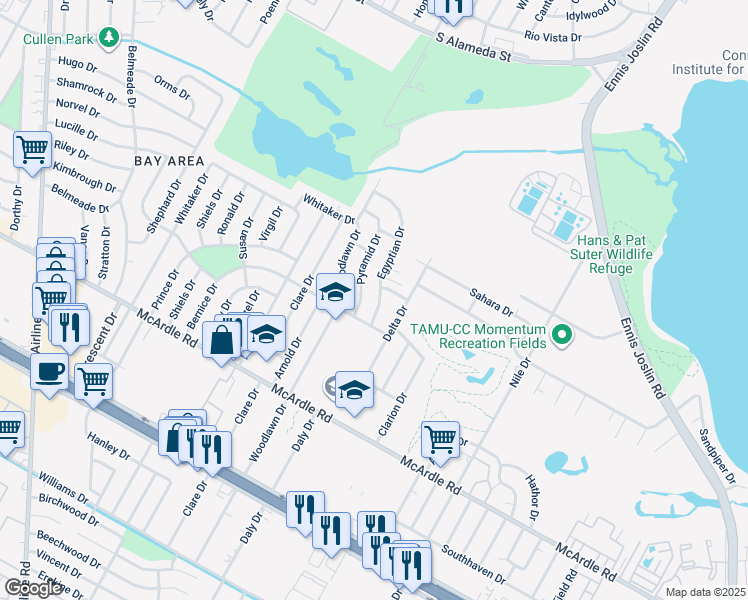 map of restaurants, bars, coffee shops, grocery stores, and more near 1042 Pyramid Drive in Corpus Christi