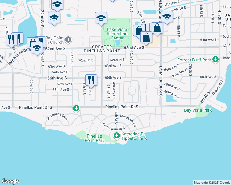 map of restaurants, bars, coffee shops, grocery stores, and more near 6820 14th Way South in Saint Petersburg