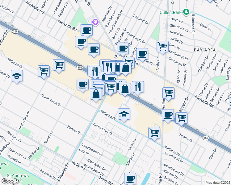 map of restaurants, bars, coffee shops, grocery stores, and more near 5607 South Padre Island Drive in Corpus Christi