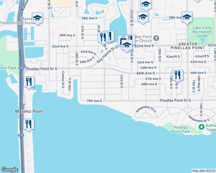 map of restaurants, bars, coffee shops, grocery stores, and more near 2483 68th Avenue South in St. Petersburg