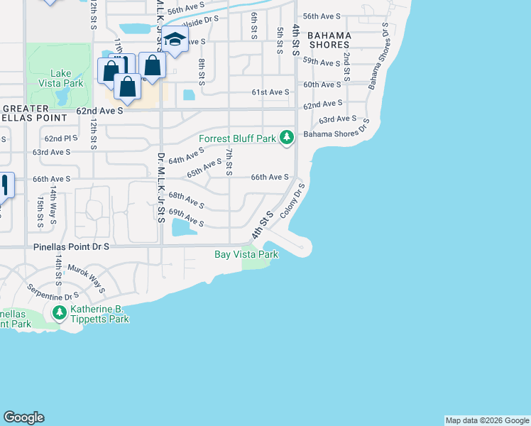 map of restaurants, bars, coffee shops, grocery stores, and more near 6835 Colony Drive South in St. Petersburg