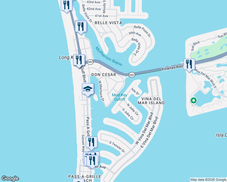 map of restaurants, bars, coffee shops, grocery stores, and more near 3115 South Debazan Avenue in St. Pete Beach