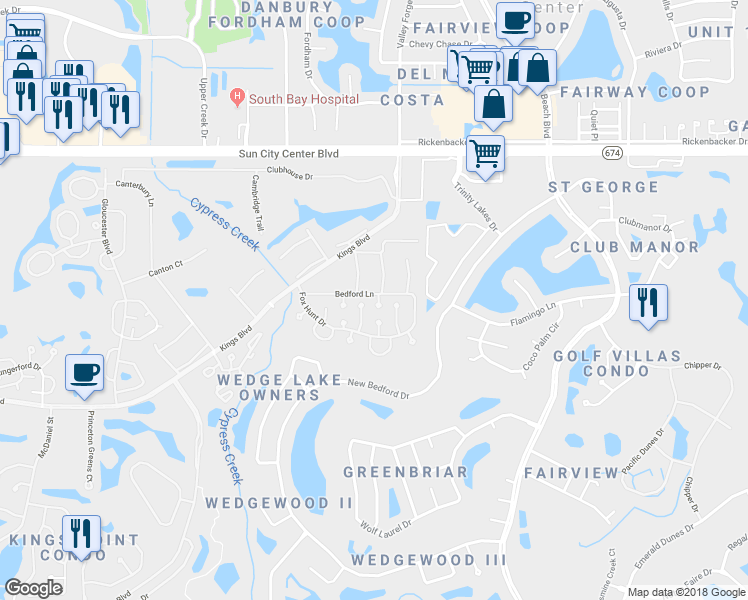 map of restaurants, bars, coffee shops, grocery stores, and more near 302 Fowling Court in Sun City Center