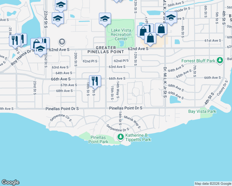 map of restaurants, bars, coffee shops, grocery stores, and more near 6825 14th Way South in St. Petersburg