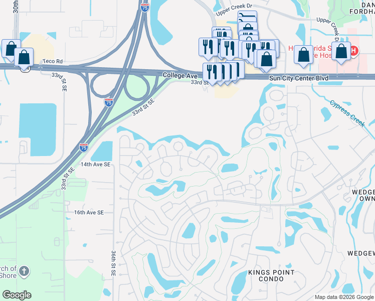 map of restaurants, bars, coffee shops, grocery stores, and more near 2026 Hawkhurst Circle in Sun City Center