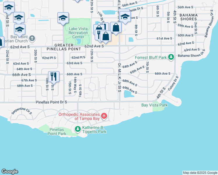 map of restaurants, bars, coffee shops, grocery stores, and more near 6909 Dr Martin Luther King Jr St S in St Petersburg