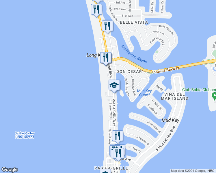 map of restaurants, bars, coffee shops, grocery stores, and more near 104 32nd Avenue in St. Pete Beach