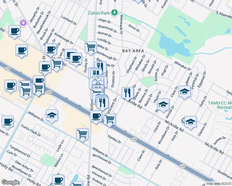 map of restaurants, bars, coffee shops, grocery stores, and more near 1298 Crescent Drive in Corpus Christi