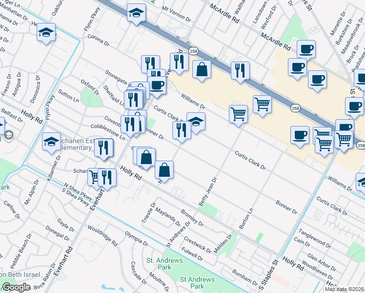 map of restaurants, bars, coffee shops, grocery stores, and more near 5002 Bonner Drive in Corpus Christi