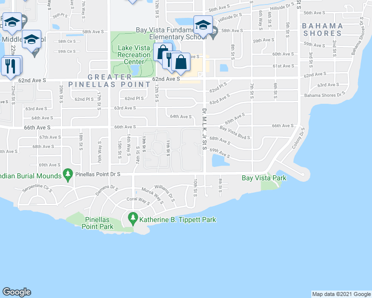 map of restaurants, bars, coffee shops, grocery stores, and more near 6909 Dr Martin Luther King Jr St S in St Petersburg