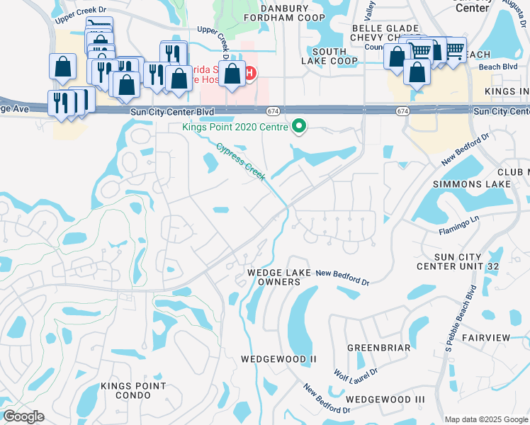 map of restaurants, bars, coffee shops, grocery stores, and more near 301 Kings Boulevard in Sun City Center