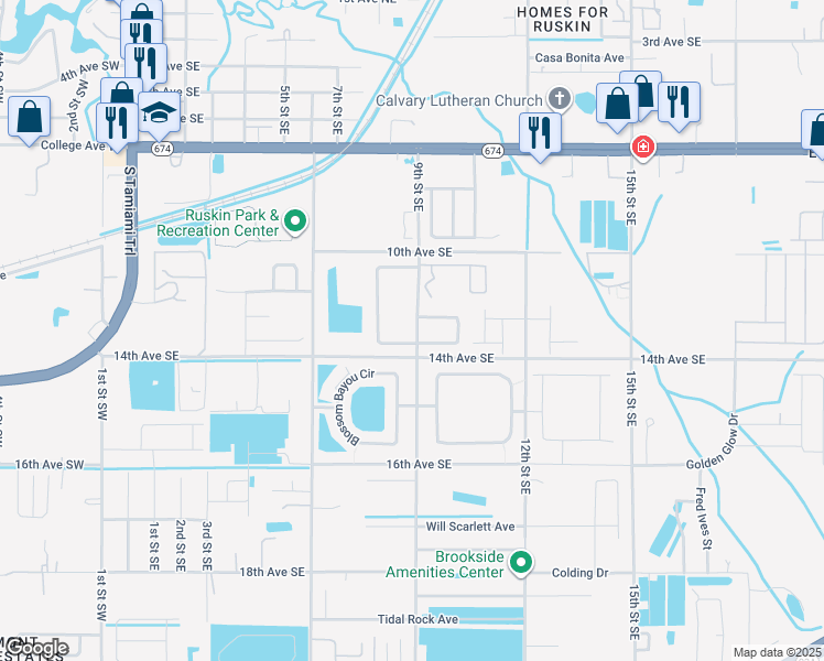 map of restaurants, bars, coffee shops, grocery stores, and more near 1251 9th Street Southeast in Ruskin