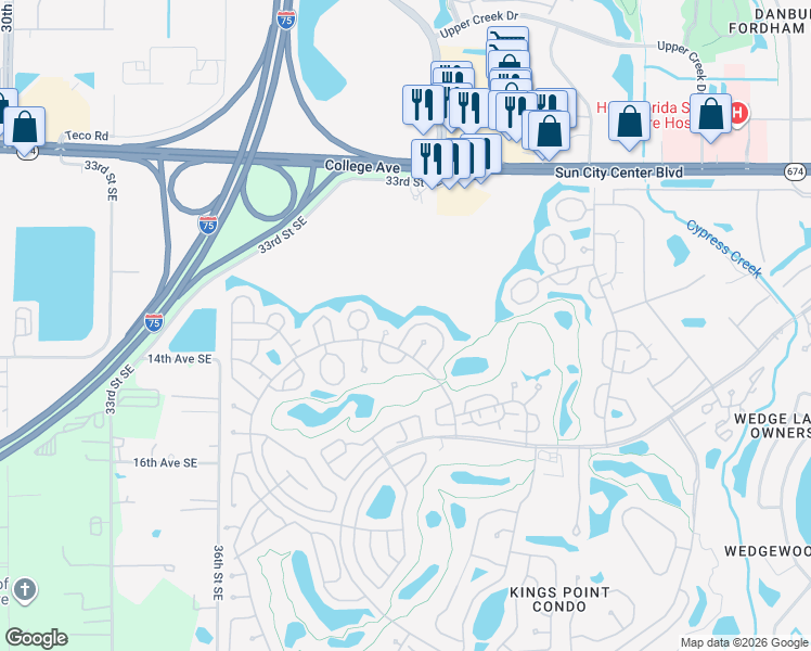 map of restaurants, bars, coffee shops, grocery stores, and more near 2001 Heathfield Circle in Sun City Center