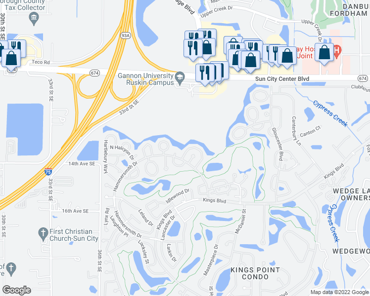 map of restaurants, bars, coffee shops, grocery stores, and more near 2008 Heathfield Circle in Sun City Center