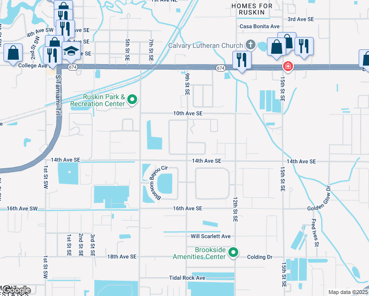 map of restaurants, bars, coffee shops, grocery stores, and more near 1251 9th Street Southeast in Ruskin