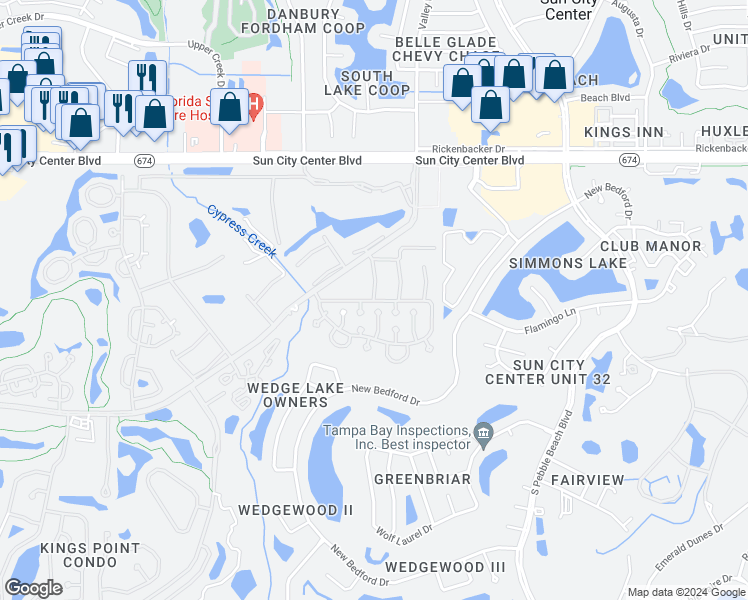 map of restaurants, bars, coffee shops, grocery stores, and more near 200 Bedford Trail in Sun City Center