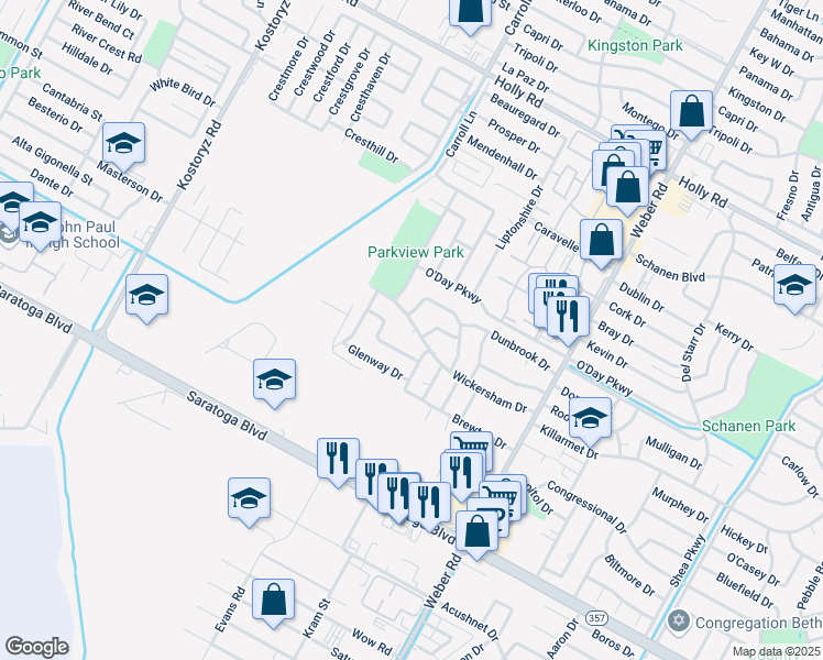 map of restaurants, bars, coffee shops, grocery stores, and more near 3641 Wickersham Street in Corpus Christi