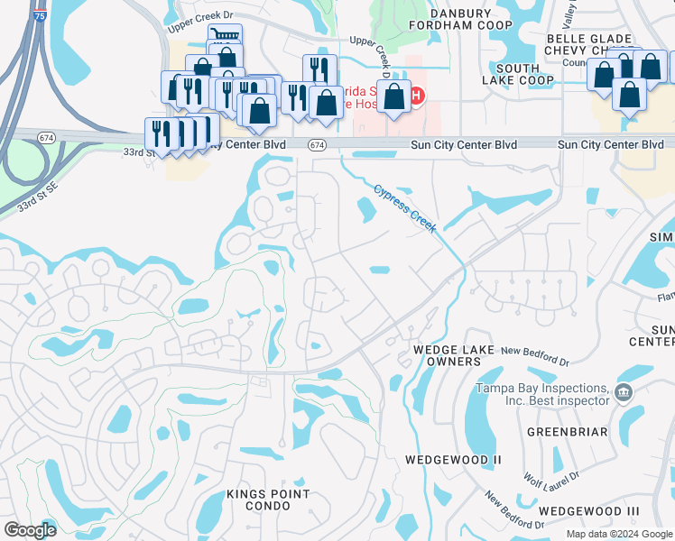 map of restaurants, bars, coffee shops, grocery stores, and more near 2207 Grenadier Drive in Sun City Center