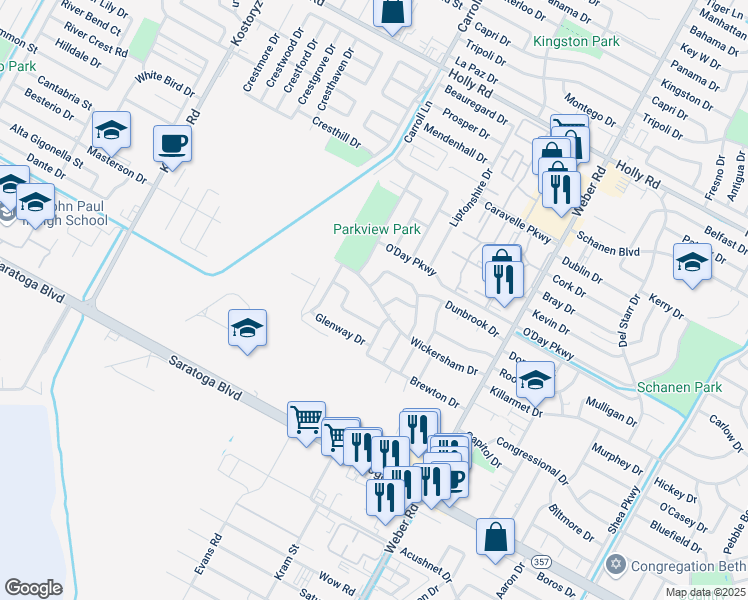 map of restaurants, bars, coffee shops, grocery stores, and more near 3641 Wickersham Street in Corpus Christi
