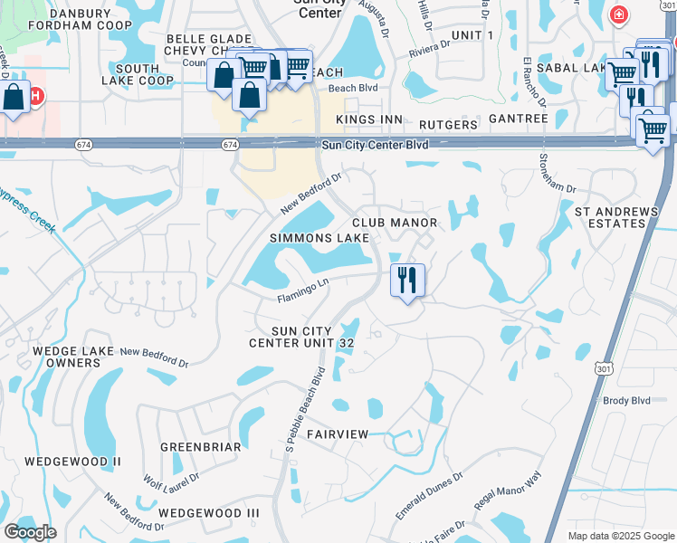 map of restaurants, bars, coffee shops, grocery stores, and more near 1519 Flamingo Lane in Sun City Center