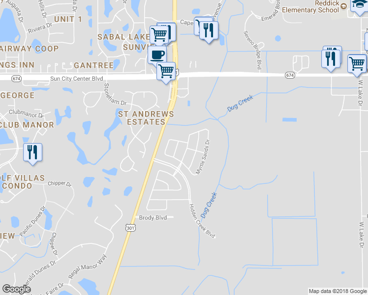 map of restaurants, bars, coffee shops, grocery stores, and more near 16703 Myrtle Sand Drive in Wimauma
