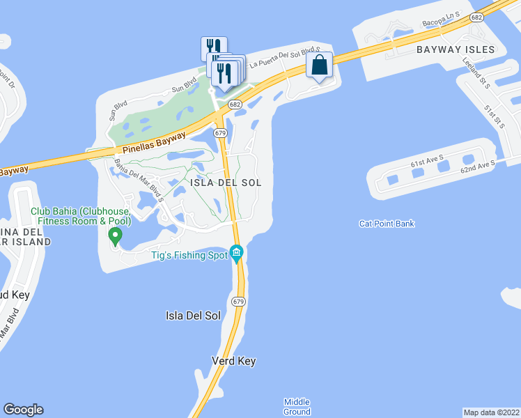 map of restaurants, bars, coffee shops, grocery stores, and more near 6365 Palma Del Mar Boulevard South in St. Petersburg