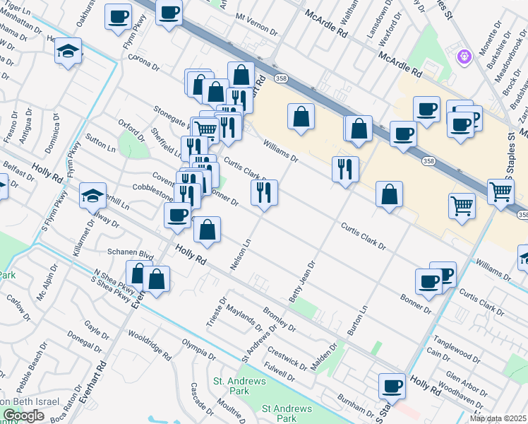 map of restaurants, bars, coffee shops, grocery stores, and more near 5001 Bonner Drive in Corpus Christi