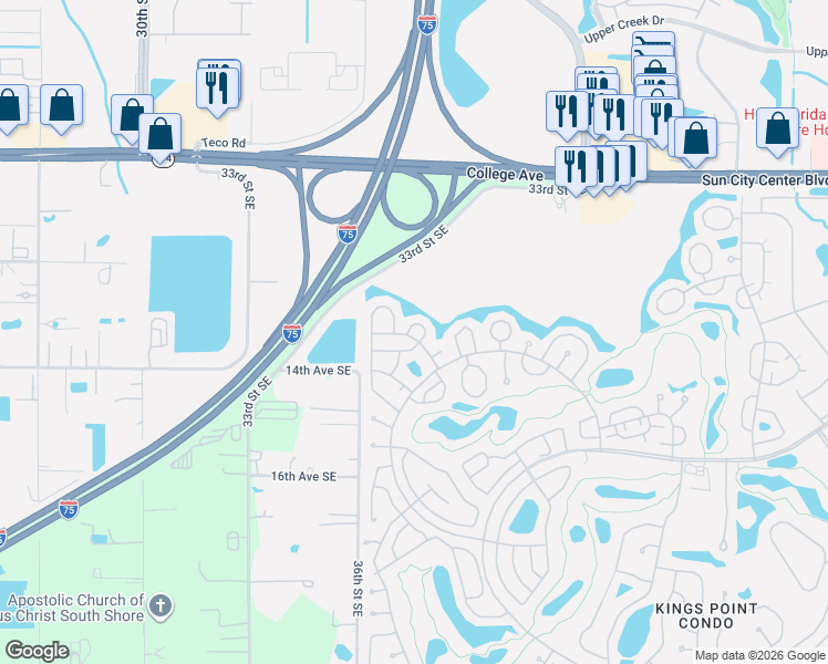 map of restaurants, bars, coffee shops, grocery stores, and more near 2122 Hereford Drive in Sun City Center