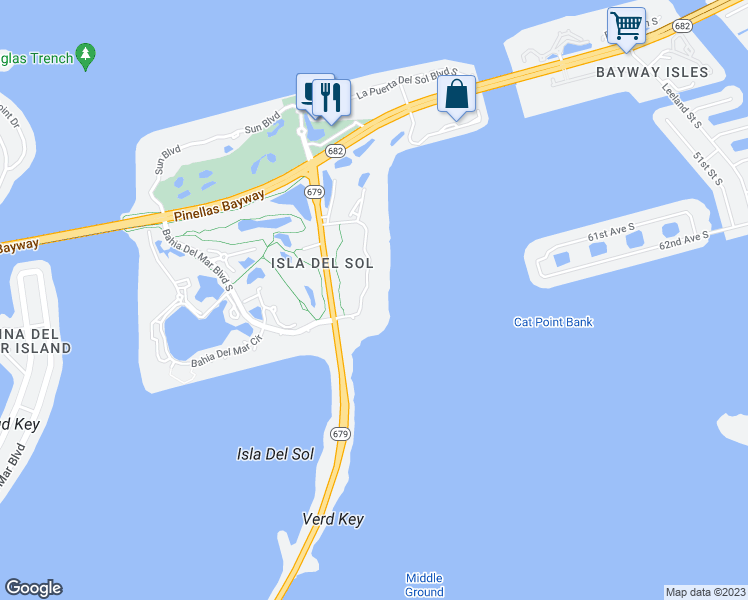 map of restaurants, bars, coffee shops, grocery stores, and more near 6322 Palma Del Mar Boulevard South in St. Petersburg