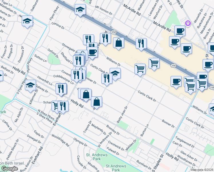 map of restaurants, bars, coffee shops, grocery stores, and more near 5001 Bonner Drive in Corpus Christi