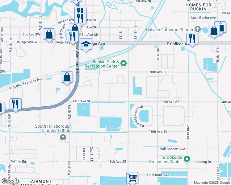 map of restaurants, bars, coffee shops, grocery stores, and more near 409 Britton Shores Court in Ruskin
