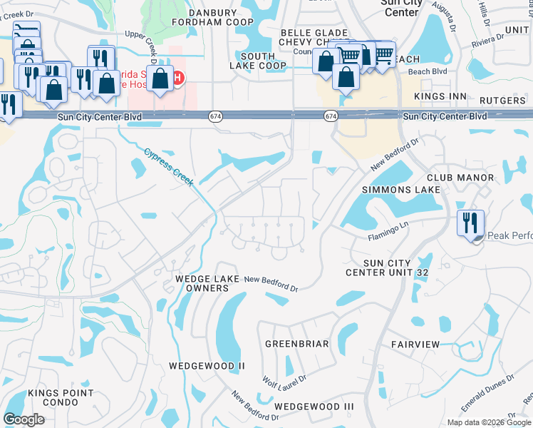 map of restaurants, bars, coffee shops, grocery stores, and more near 202 Bedford Trail in Sun City Center