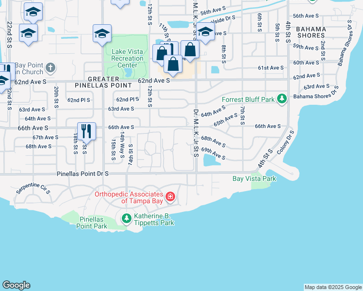 map of restaurants, bars, coffee shops, grocery stores, and more near 1095 Pinellas Point Drive South in St. Petersburg