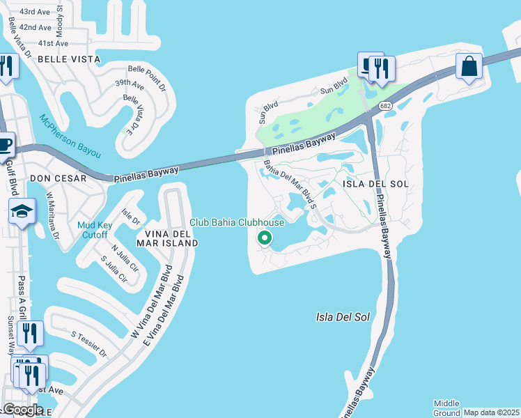 map of restaurants, bars, coffee shops, grocery stores, and more near 6021 Bahia Del Mar Circle in Saint Petersburg