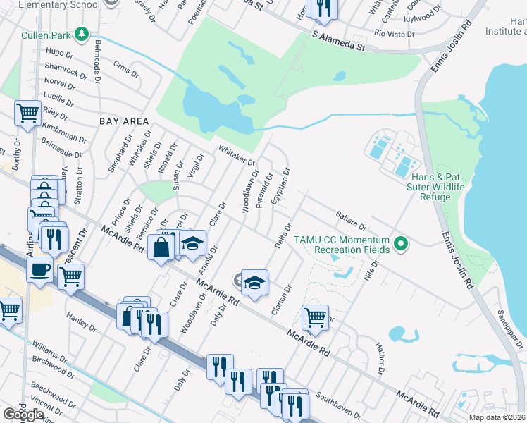 map of restaurants, bars, coffee shops, grocery stores, and more near 1042 Pyramid Drive in Corpus Christi