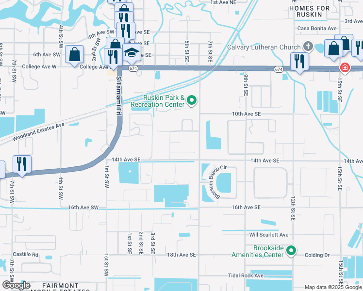 map of restaurants, bars, coffee shops, grocery stores, and more near 411 Britton Shores Court in Ruskin