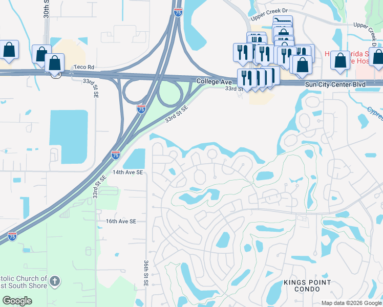 map of restaurants, bars, coffee shops, grocery stores, and more near 2014 Hampstead Circle in Sun City Center