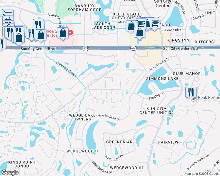 map of restaurants, bars, coffee shops, grocery stores, and more near 201 Bedford Street in Sun City Center