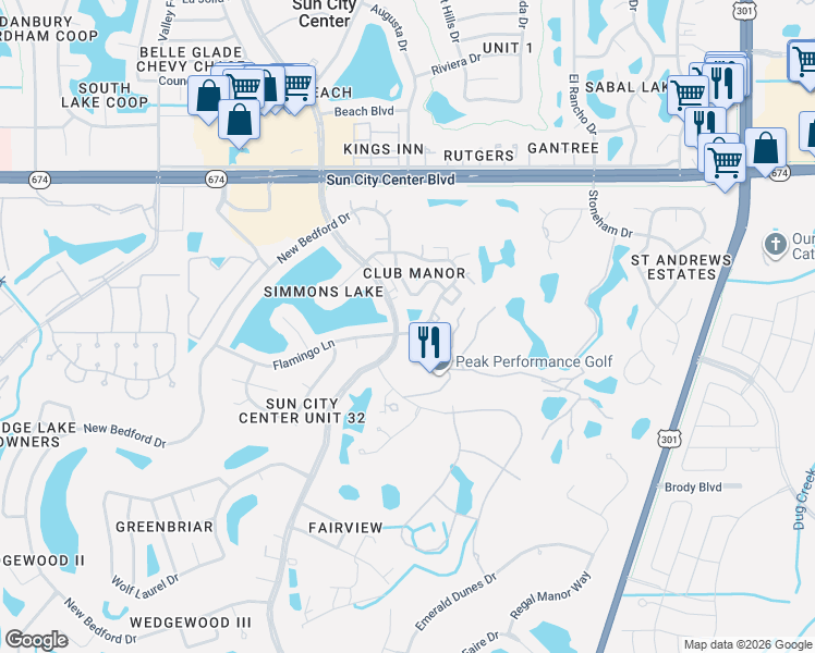 map of restaurants, bars, coffee shops, grocery stores, and more near 385 Club Manor Drive in Sun City Center