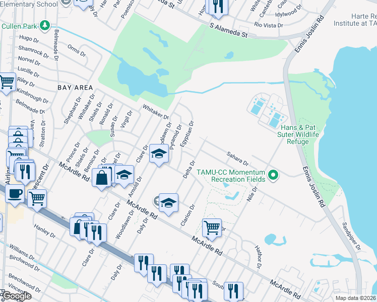 map of restaurants, bars, coffee shops, grocery stores, and more near 1002 Delta Drive in Corpus Christi