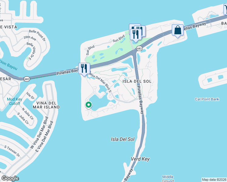 map of restaurants, bars, coffee shops, grocery stores, and more near 6085 Bahia Del Mar Boulevard South in St. Petersburg