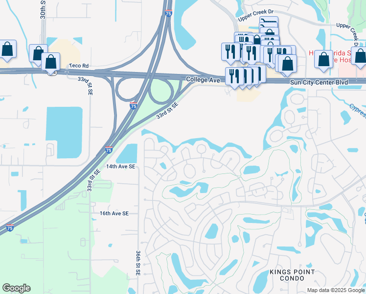 map of restaurants, bars, coffee shops, grocery stores, and more near 2033 Hampstead Circle in Sun City Center