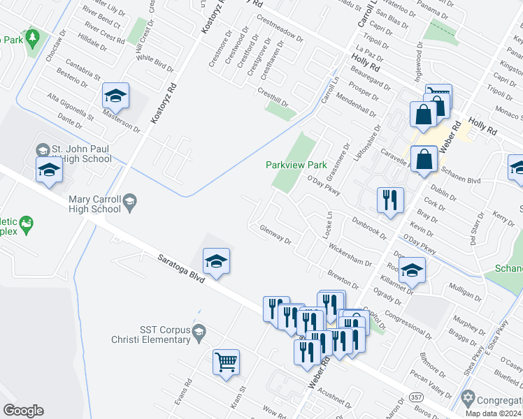 map of restaurants, bars, coffee shops, grocery stores, and more near 6225 Norchester Drive in Corpus Christi