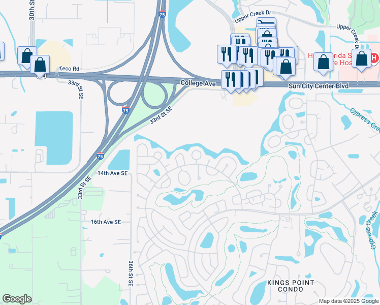 map of restaurants, bars, coffee shops, grocery stores, and more near 2033 Hampstead Circle in Sun City Center