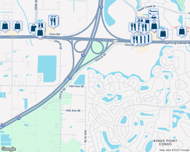 map of restaurants, bars, coffee shops, grocery stores, and more near 2010 Hereford Drive in Sun City Center