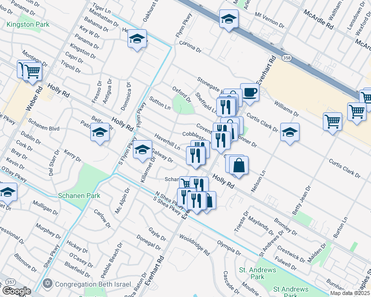 map of restaurants, bars, coffee shops, grocery stores, and more near 4630 Haverhill Lane in Corpus Christi