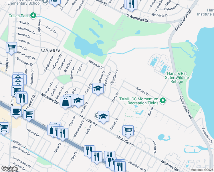 map of restaurants, bars, coffee shops, grocery stores, and more near 1042 Pyramid Drive in Corpus Christi