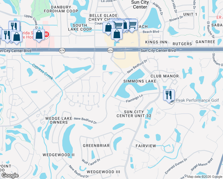 map of restaurants, bars, coffee shops, grocery stores, and more near 1713 New Bedford Drive in Sun City Center