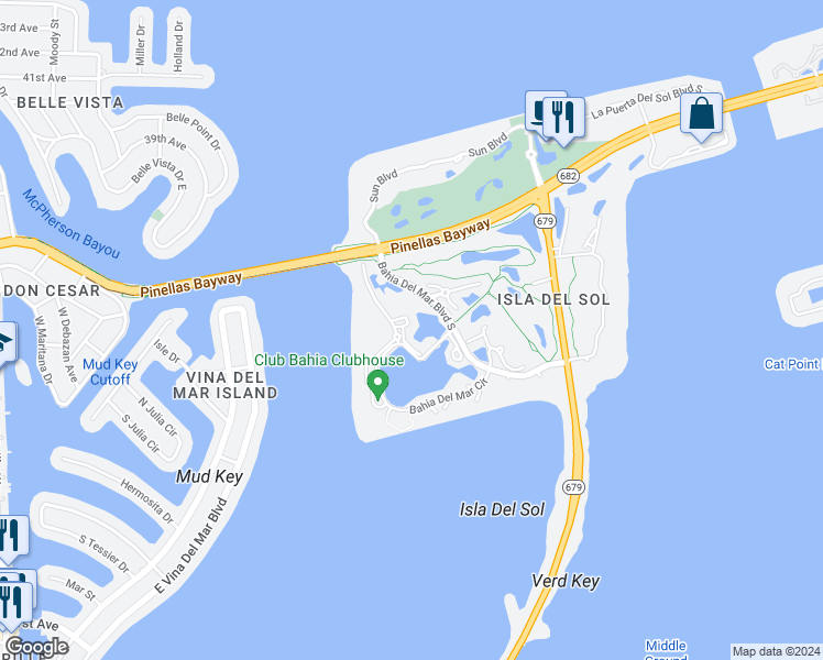 map of restaurants, bars, coffee shops, grocery stores, and more near 6020 Bahia Del Mar Circle North in St. Petersburg